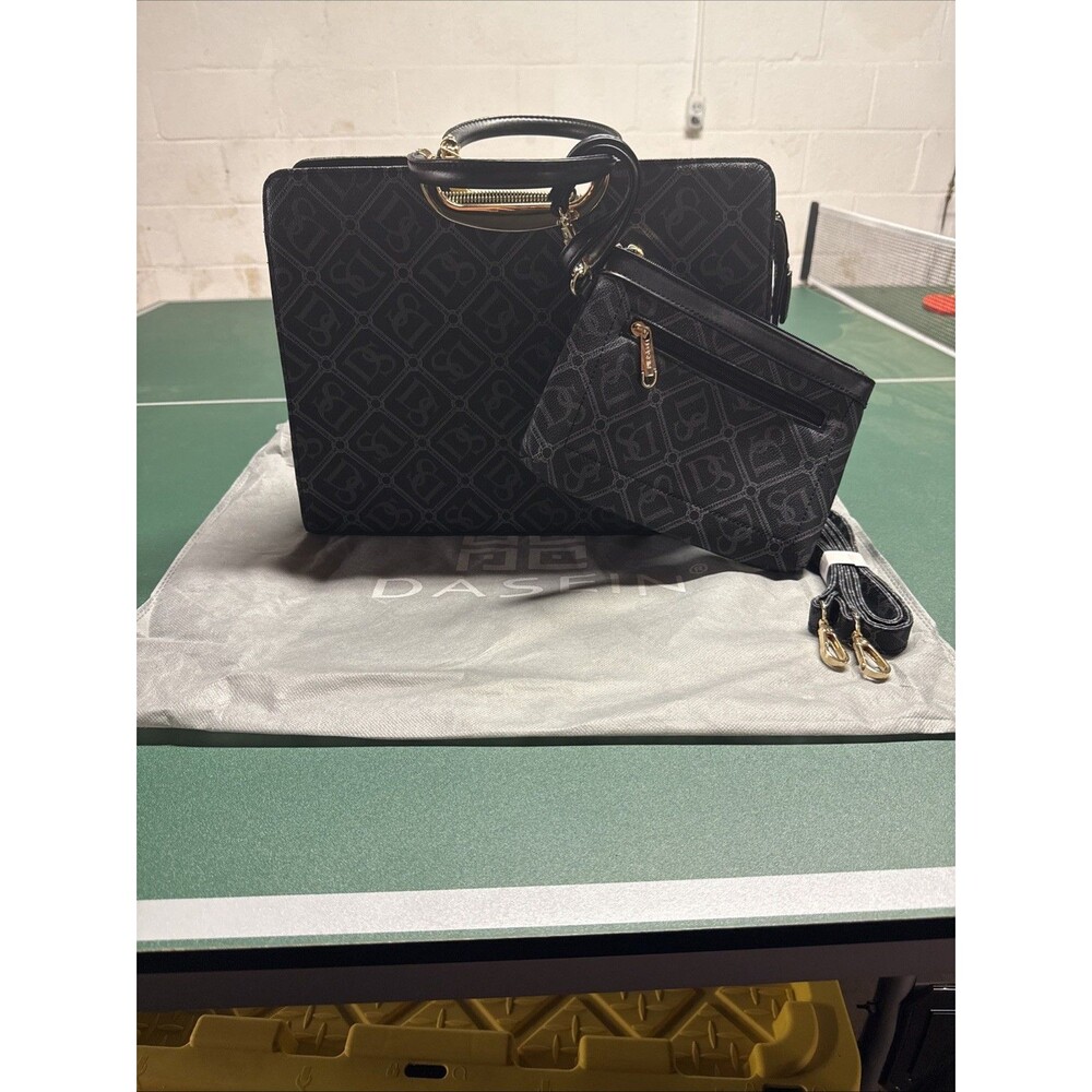 Dasein Black DS Monogram Satchel Handbag Matching Wallet Set Gold Tone Large